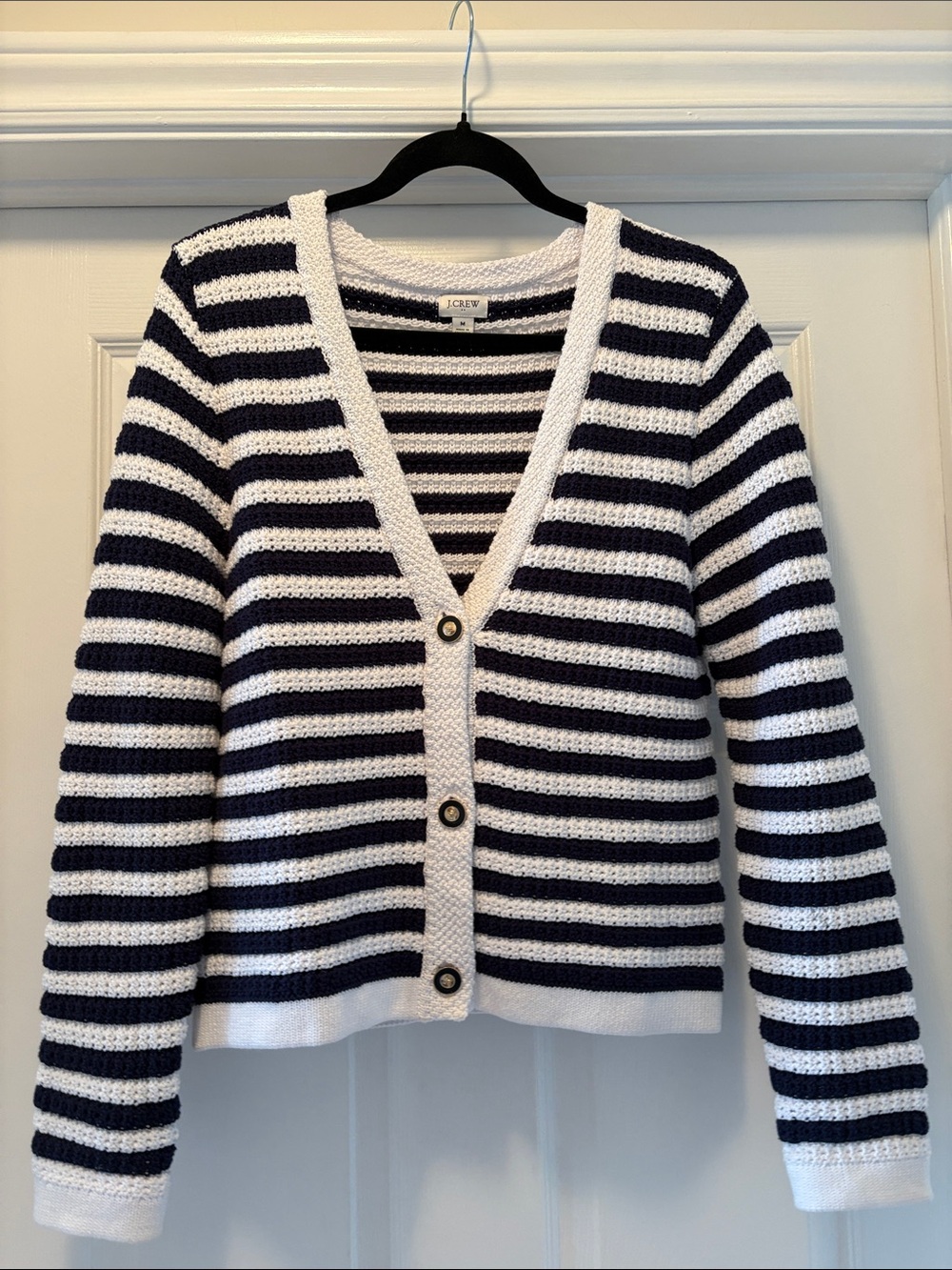 J. Crew Women's Navy and White Striped V-Neck Cardigan Sweater